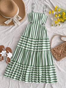 Soleia Women's Green And White Striped A-Line Dress, Casual Summer Beach Lunch Graduation/Wedding Occasion, Cutout Waist And Open Back Design, For Spring - Multicolor - View 3