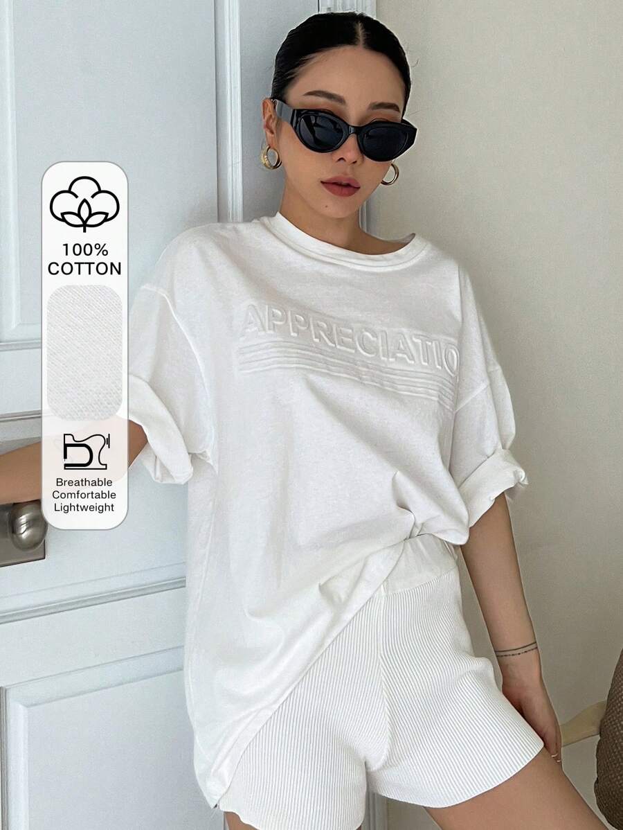 DAZY Camiseta de hombros caídos con estampado de letra, camiseta holgada - Blanco - Ver 1