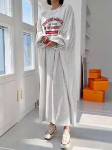 DAZY 宽松长袖字母印花连衣裙，女士休闲开叉长袖圆领修身短款灰色棉质落肩字母，标语 T 恤女式短裙，春/秋，休闲日常穿着 - 灰色 - 查看 10