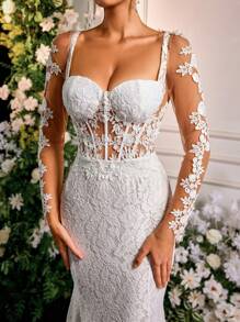 Glamrae 优雅蕾丝刺绣美人鱼长裙，可拆卸拖尾，长袖，露背，适合婚礼、派对、蜜月、新娘