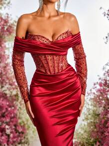 Glamrae 优雅奢华露肩亮片拼接弹力针织美人鱼裙，适合婚礼、派对、俱乐部、度假、宴会、婚礼宾客礼服、正式礼服、晚礼服、长袍 - 酒紅色 - 查看 2