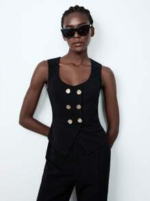SHEIN ChicEase Mono elegante y a la moda de mujer con cintura marcada y botones metálicos cruzados - Negro - Ver 5