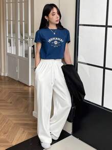 DAZY 字母印花圆领短袖T恤夏季，图案T恤 - 藍色 - 查看 2