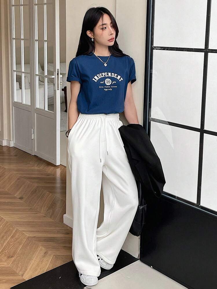 Letter Print Round Neck Short Sleeve T-Shirt Summer,Graphic Tees