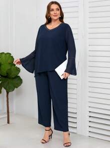 SHEIN Clasi 2pcs/Set Women Plus Size V-Neck Flared Sleeve Top And Pants Outfit - Navy Blue - View 6