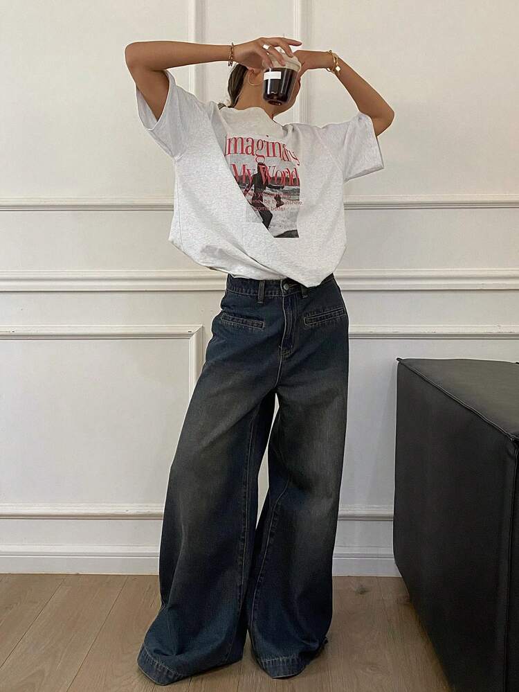 Loose Fit Short Sleeve Round Neck Women's T-Shirt With Letter Print Summer Oversized T-Shirt,Graphic Tees