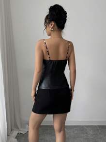 Elenzga Blusa de mujer con estampado de leopardo, patchwork y cuero, sexy y dulce - Negro - Ver 2
