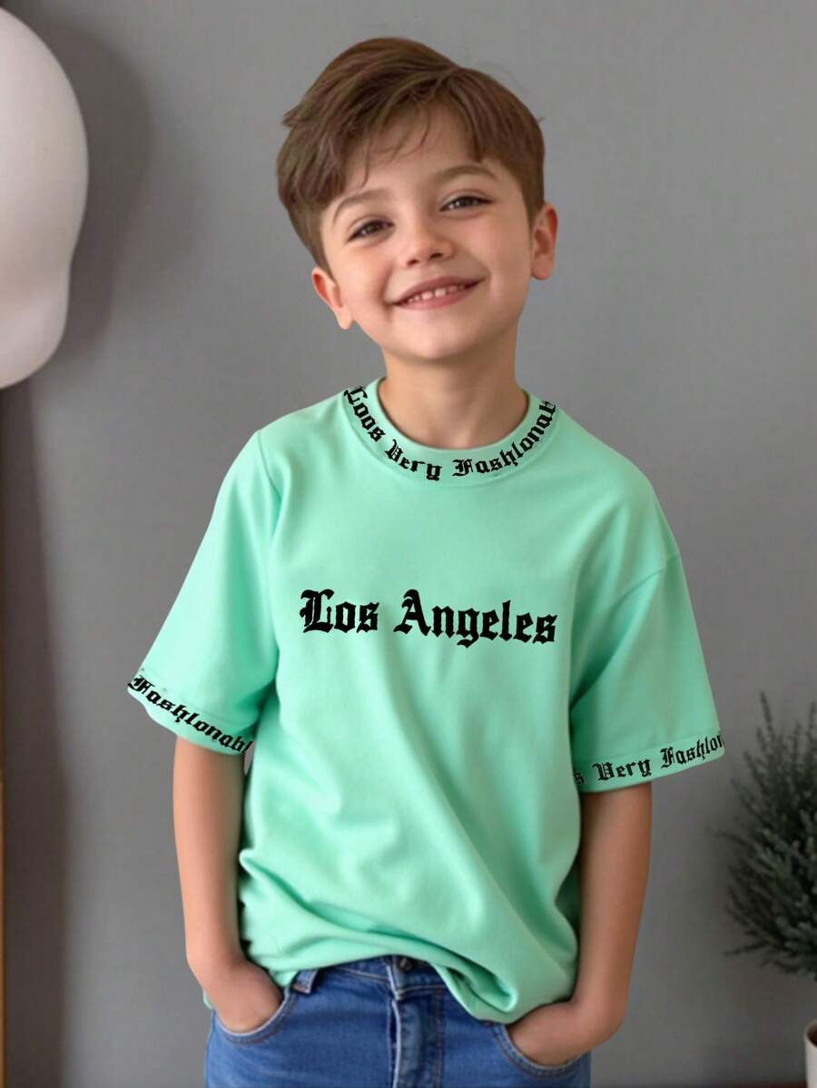 SHEIN Áo thun cổ tròn tay ngắn in chữ cái tiếng Anh vui nhộn thường ngày cho bé trai, thích hợp mặc hàng ngày, đi học, du lịch, tập luyện, mùa xuân/hè (đi chơi, nghỉ lễ, du lịch, thư giãn, tắm nắng, mùa hè) - Màu xanh Bạc hà - Xem 1