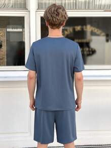 SHEIN 青少年男孩休閒拼接編織標籤細節圓領T卹連傾斜口袋短褲套裝 - 藍色 - 查看 2