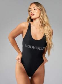 MISSGUIDED Beach Scoop Neck Diamante Bridesmaid One Piece Swimsuit - Black - View 3