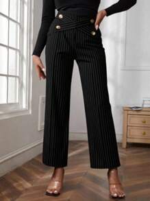 Rometta Plus Size Women Straight-Leg Striped Casual Pants For Commuting Fall Cloth For Women - Black and White - View 3