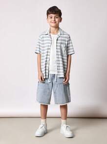 SUMWON Camisa de punto de textura acanalada con botones y patrón de rayas retro casual para uso en vacaciones de verano, de manga corta y con cuello, ideal para usar en resorts