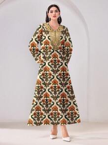 SHEIN Najma Minimalist Design All-Over Print Modest Arabian Style Dress - White - View 4