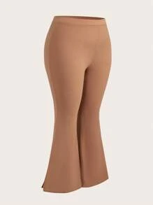 Comfortcana Women Plus Size Letter Embroidered Flare Casual Pants - Camel - View 5