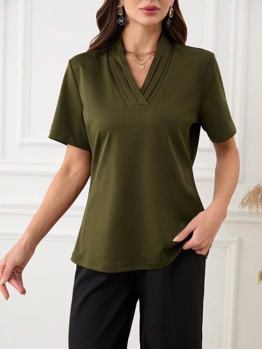 Women's Army Green Pleated V-Neck Loose Casual T-Shirt - Army Green - View 1