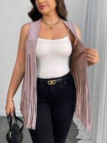 SHEIN Holidaya Plus Size Women Solid Color Splice Tassel Design Open Front Sleeveless Jacket
