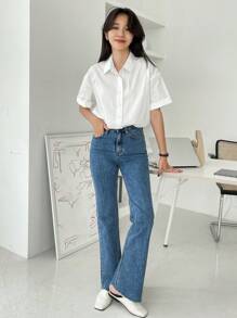 DAZY Versatile Solid Color Short Sleeve Button Down Shirt, Business Casual - White - View 7