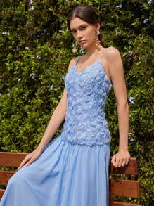 Anewsta Romantisches Urlaubs-Party-Date Damen Maxikleid aus blauem Chiffon mit geschichteter Rosenblüten-Deko und Spaghettiträgern, elegant - Blau - Übersicht 4