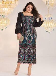 Modelyn Váy tay đèn lồng thêu sequin thanh lịch cỡ lớn - Nhiều màu - Xem 9