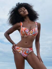 Vaytide Set de 2 piezas de bikini con estampado gráfico y copas duras con cordones para mujeres, ideal para el verano y vacaciones en la playa - Multicolor - Ver 2