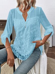 EMERY ROSE Camisa suelta de manga larga casual de gasa bordada - Celeste - Ver 4