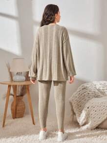 SHEIN Teen Girls Drop Shoulder Split Hem Top & Leggings Set - Beige - View 2