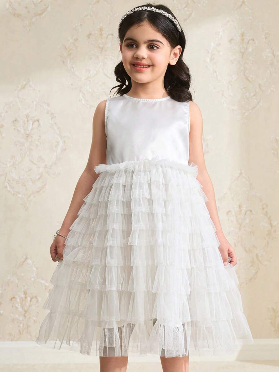 SHEIN Vestido elegante sin mangas de cuello redondo con parches de malla de unicolor para niña joven - Beis - Ver 1