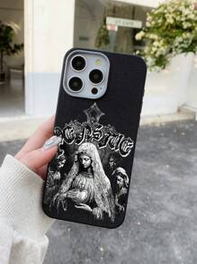 ROMWE Goth Funda de teléfono con gráfico de retrato y texto de la Virgen María compatible con iPhone