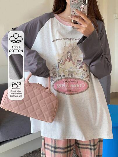 DAZY Women's Cartoon Print Colorblock Raglan Sleeve T-Shirt Long Sleeve Women Tops