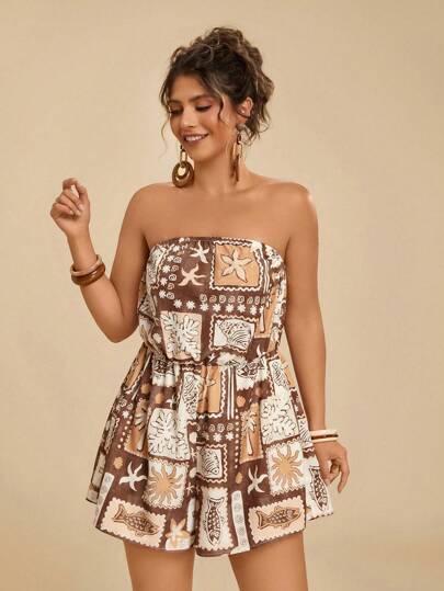 Travachic Tropical Print Plus Size Wide Leg Loose Casual Sleeveless Cropped Palazzo Jumpsuit For Women