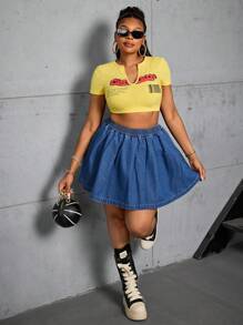 SHEIN SXY 大码女式松紧腰褶皱休闲牛仔A字中长裙秋季女式裙子秋季毕业裙 - 中等水洗藍 - 查看 3