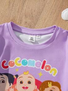 CoComelon X SHEIN Váy chữ A tay ngắn họa tiết sọc hoạt hình dễ thương cho bé gái - Nhiều màu - Xem 5