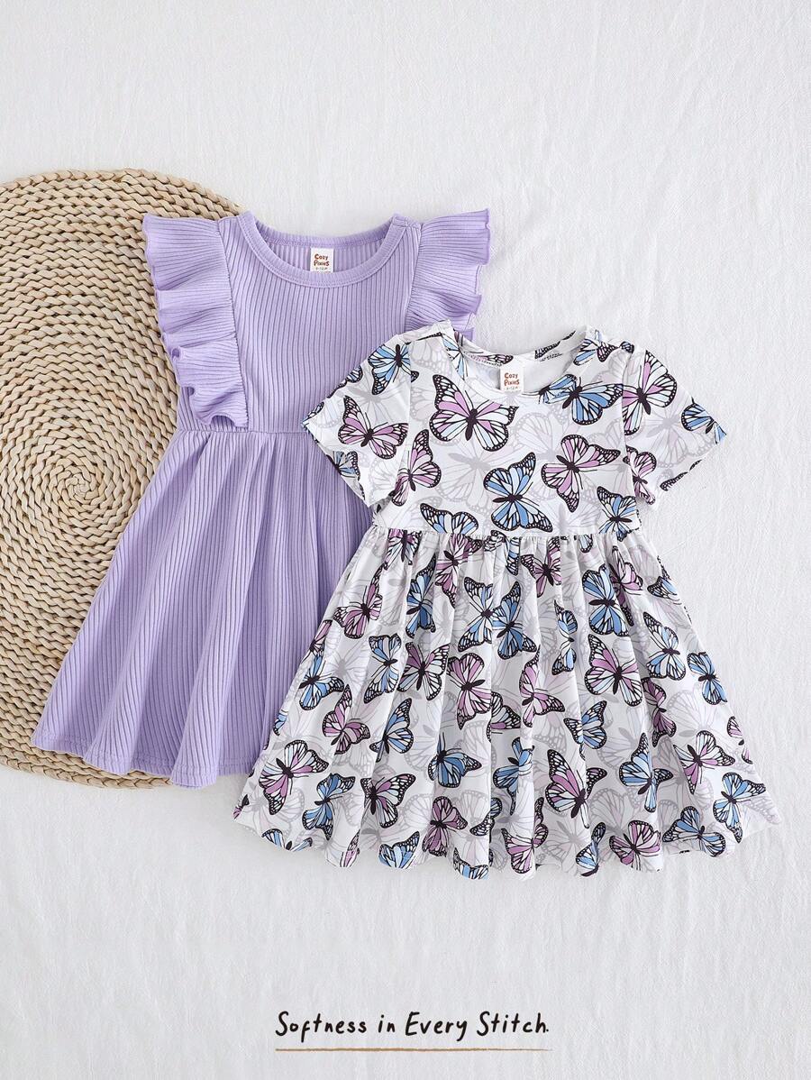 Cozy Pixies Set de 2 vestidos con cintura para bebé niña con estampado floral y unicolor, de cuello redondo y manga corta