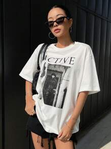 DAZY Áo thun hở vai họa tiết hình và chữ cỡ lớn thời trang Preppy - trắng - Xem 3