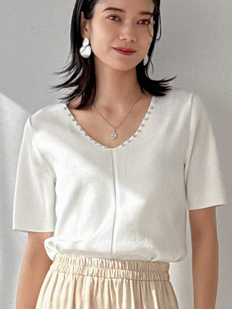 FRIFUL Áo len dệt kim cổ chữ V tay ngắn thường ngày đính hạt trang trí cho nữ - trắng - Xem 1
