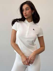 Aloruh Damen Ritter-Muster Polokragen Kurzarm Lässig T-Shirt Abschluss Minimalismus - Weiss - Übersicht 5