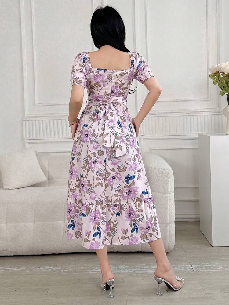 Ditsy Floral Shirred Tie-Waist Midi Dress For Women, Vacation/Resort Wear,Back To School Clothes,Teacher Outfits Easter