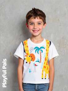 SHEIN Young Boy Cute Cartoon Letter Print Round Neck Short Sleeve T-Shirt Tshirt For Kids T Shirt For Kids Summer Clothes For Kids Kids Tops Summer Summer Shirts For Kids Giraffe - White - View 3