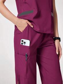 TaskEZ Conjunto de uniforme de enfermería con blusa de cuello en V de manga corta y pantalones en bloques de color para mujer