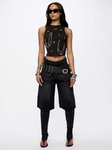 SUMWON WOMEN 前卫朋克背心短款上衣 Y2K 哥特铆钉链条时尚背心工业风节日演唱会无袖上衣另类街头风格俱乐部服饰 - 黑色 - 查看 3