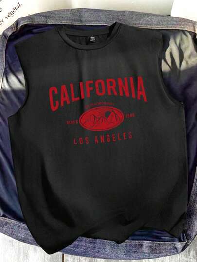 Claim Dot 黑色字母印花圆领休闲肌肉背心，男式加大码