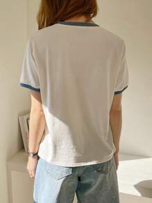 DAZY Letter & Plants Print Contrast Trim Tee Summer,Teacher Outfits - Beige - View 2