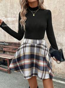 SHEIN LUNE Conjunto de invierno cálido de 2 piezas para mujer: Top de cuello alto de manga larga multicolor informal y elegante, y falda plisada de cintura alta de lana a cuadros retro