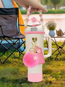 7pcs Cup Handheld Rope Pendant Silicone Flower Straw Hat Plush Ball Pendant Cup