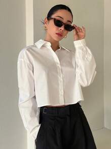 DAZY Solid Drop Shoulder Shirt,Fall Women Clothes Long Sleeve Top - White - View 9