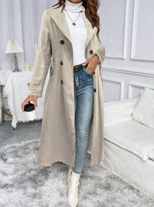 SHEIN Clasi Áo khoác len dài màu trơn có nút cho nữ, phù hợp cho mùa thu/đông - Màu be - Xem 1