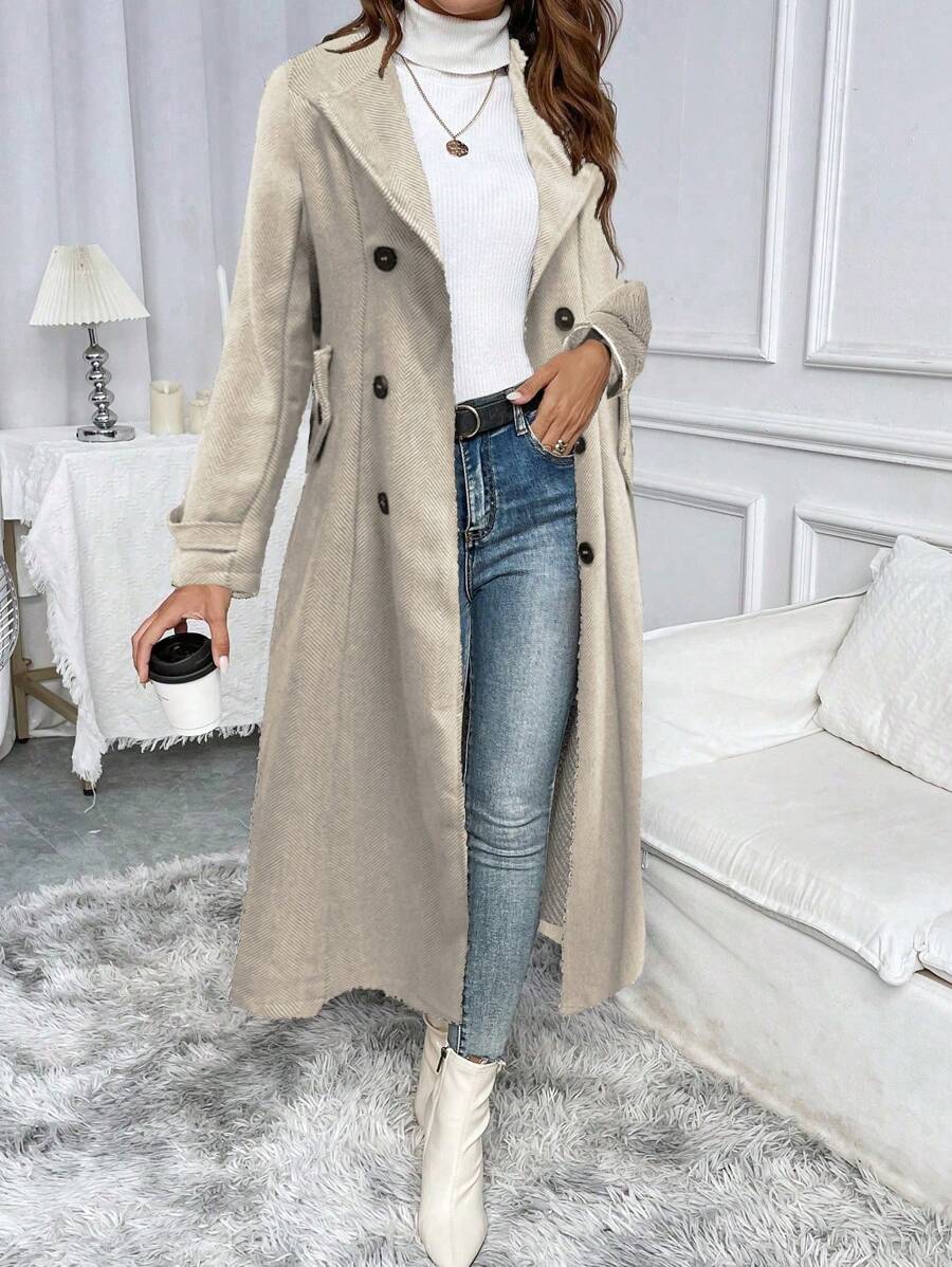 SHEIN Clasi Áo khoác len dài màu trơn có nút cho nữ, phù hợp cho mùa thu/đông - Màu be - Xem 1