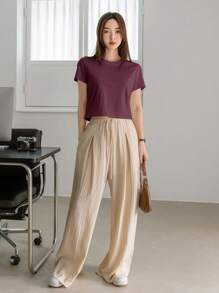 Dazy-Less Women's Solid Color Round Neck Summer Casual Short Sleeve T-Shirt Old Money Style