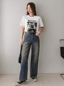 Dazy-Less 女士夏季字母和人物印花圆领落肩袖休闲 T 恤复古风景图案 T 恤 - 白色 - 查看 2