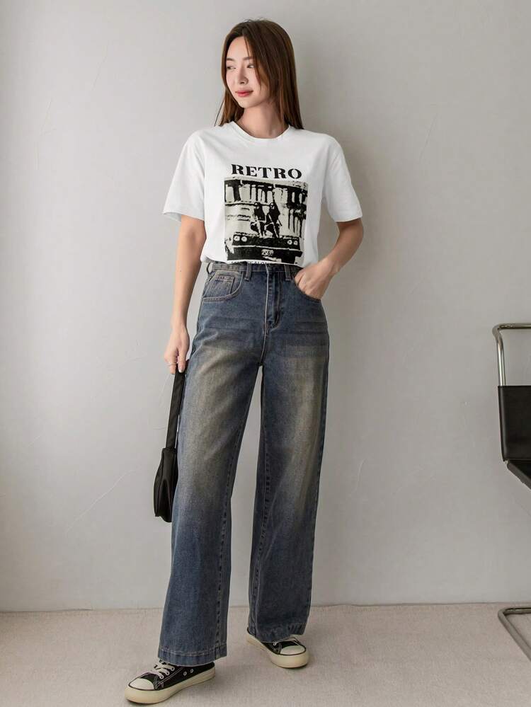 Women Summer Letter & Character Printed Round Neck Drop Shoulder Sleeve Casual T-Shirt RETRO SCENERY ALONG Graphic Tee